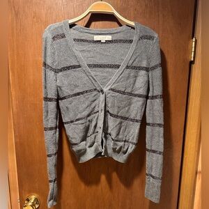 LOFT Gray Striped Cardigan Sweater
